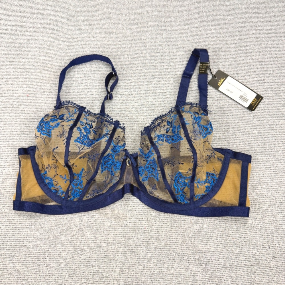 Dita Von Teese Queens Blue Femmoiselle Bra 38DD Blue Floral Mesh Underwire $90
